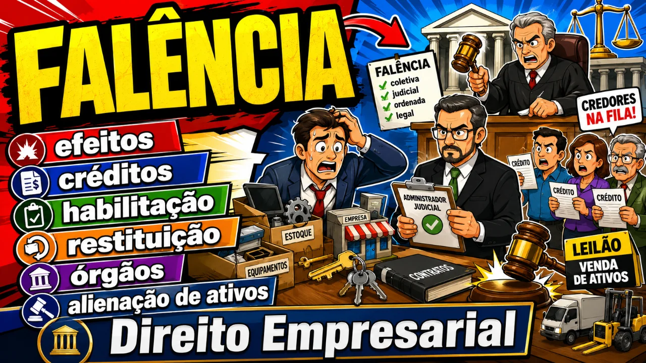 Resumo de Falência, efeitos, créditos, habilitação, restituição, órgãos e alienação de ativos